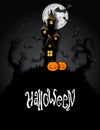 Halloween banner with haunted house, pumpkins, bats and hand drawn text. Cute cartoon style vector illustration Royalty Free Stock Photo